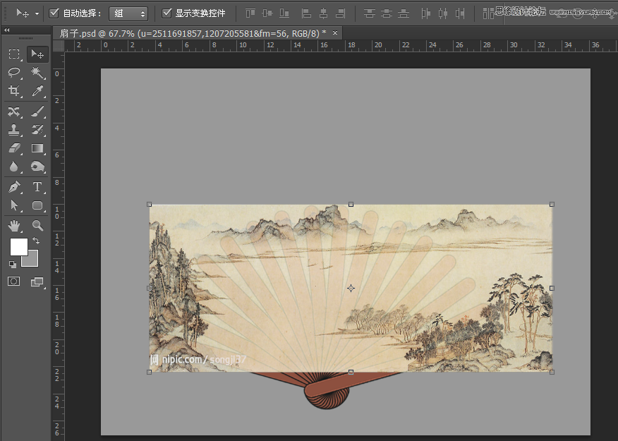 Photoshop绘制逼真的山水香木折扇效果图